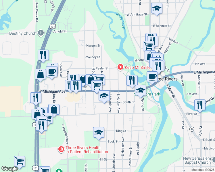 map of restaurants, bars, coffee shops, grocery stores, and more near 108 North Lincoln Avenue in Three Rivers