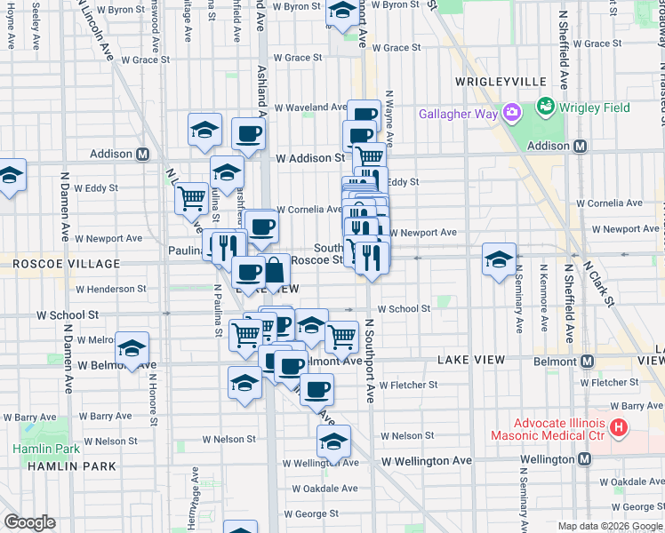 map of restaurants, bars, coffee shops, grocery stores, and more near 1455 West Roscoe Street in Chicago