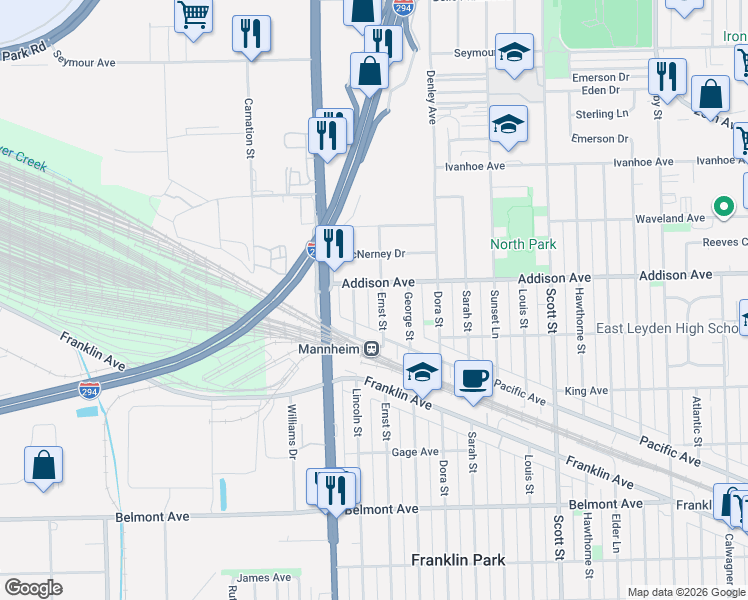 map of restaurants, bars, coffee shops, grocery stores, and more near 3519 Lincoln Street in Franklin Park