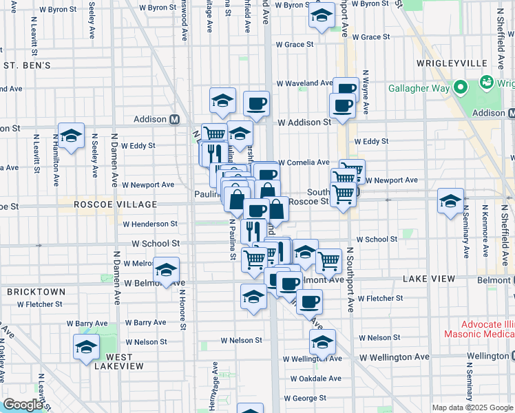 map of restaurants, bars, coffee shops, grocery stores, and more near 3348 North Ashland Avenue in Chicago