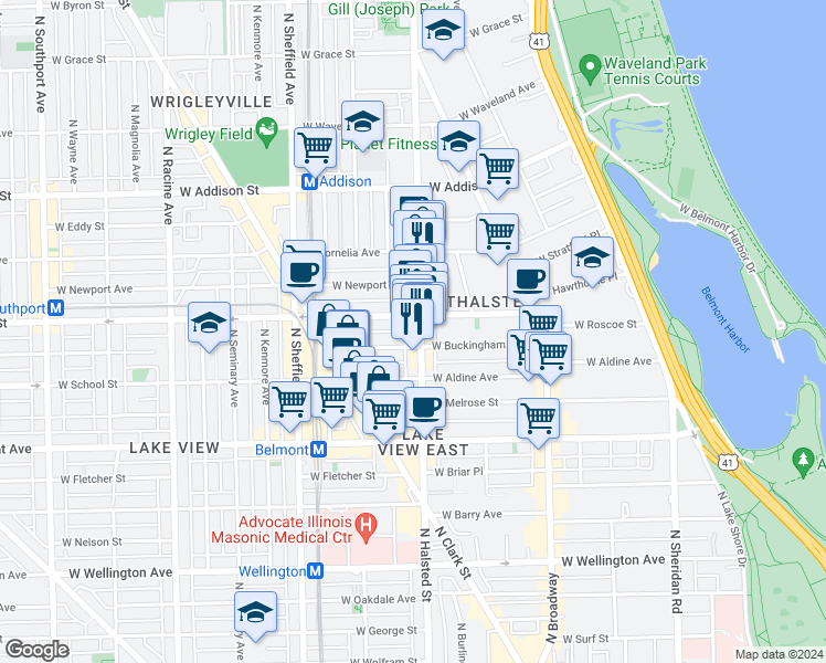 map of restaurants, bars, coffee shops, grocery stores, and more near 3344 North Halsted Street in Chicago