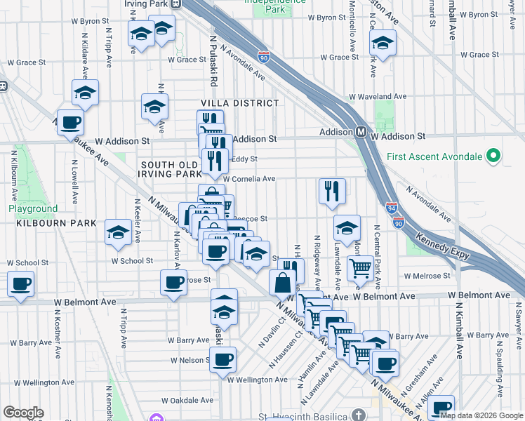 map of restaurants, bars, coffee shops, grocery stores, and more near 3403 North Springfield Avenue in Chicago