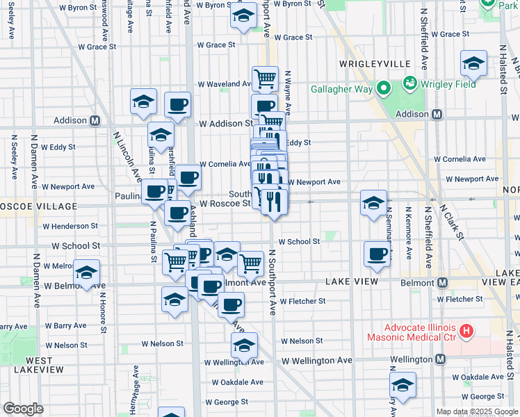 map of restaurants, bars, coffee shops, grocery stores, and more near 1415 West Roscoe Street in Chicago
