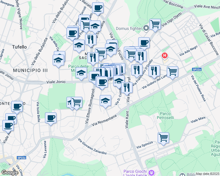 map of restaurants, bars, coffee shops, grocery stores, and more near 7-29 Via Enrico Panzacchi in Rome