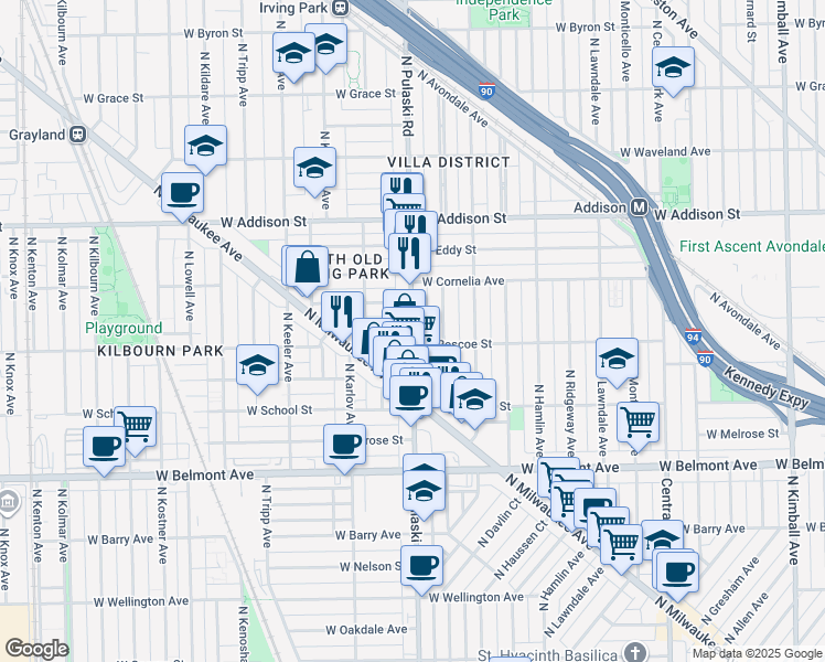 map of restaurants, bars, coffee shops, grocery stores, and more near N Pulaski Rd & W Roscoe St in Chicago