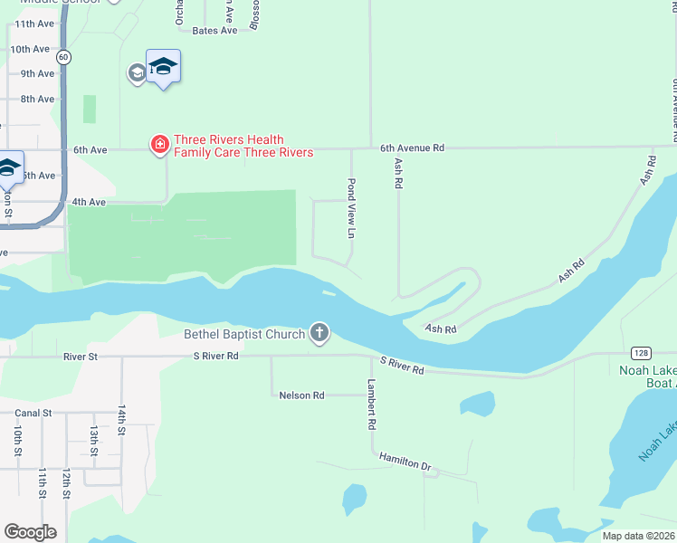 map of restaurants, bars, coffee shops, grocery stores, and more near 17915 Bluff Drive in Three Rivers
