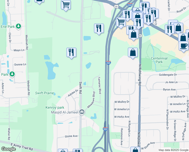 map of restaurants, bars, coffee shops, grocery stores, and more near 854 Tamarac Boulevard in Addison