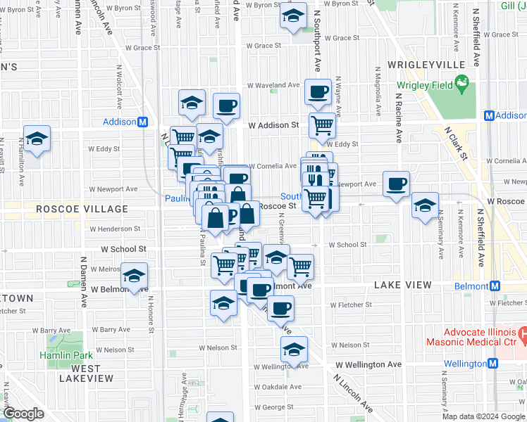 map of restaurants, bars, coffee shops, grocery stores, and more near 1525 West Roscoe Street in Chicago