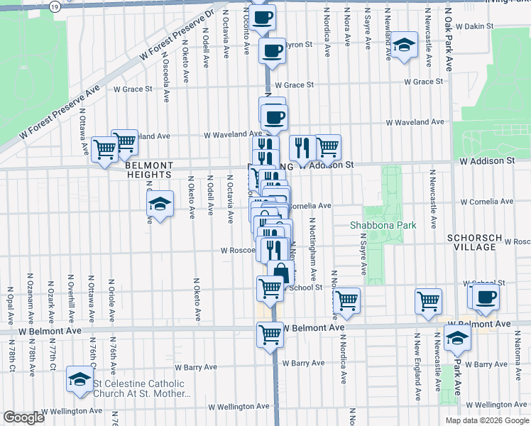 map of restaurants, bars, coffee shops, grocery stores, and more near 3446 Illinois 43 in Chicago