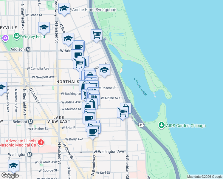 map of restaurants, bars, coffee shops, grocery stores, and more near 437 West Roscoe Street in Chicago