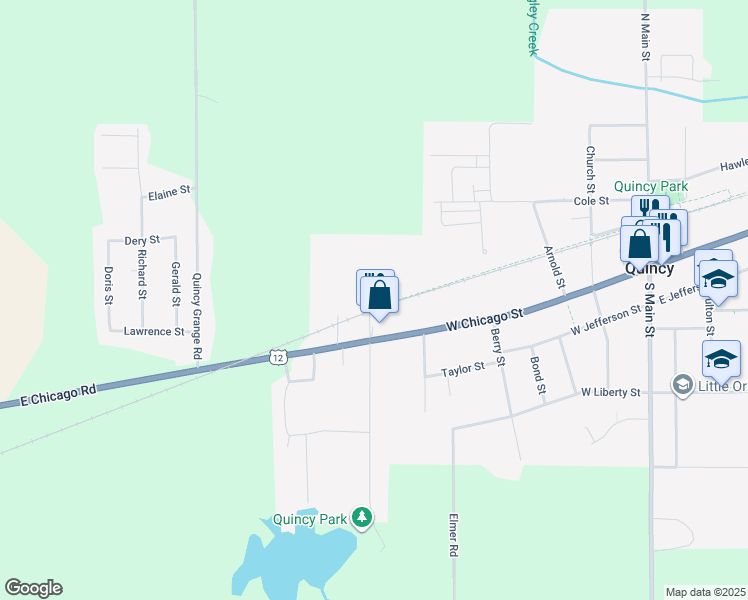 map of restaurants, bars, coffee shops, grocery stores, and more near 114 West Chicago Street in Quincy