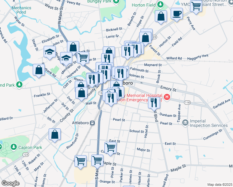 map of restaurants, bars, coffee shops, grocery stores, and more near 16 Crandall Court in Attleboro