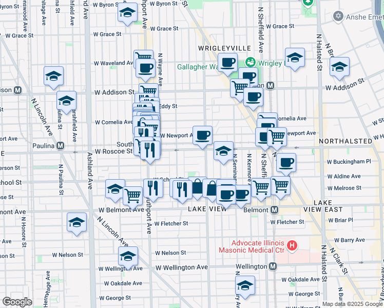 map of restaurants, bars, coffee shops, grocery stores, and more near 1216 West Roscoe Street in Chicago