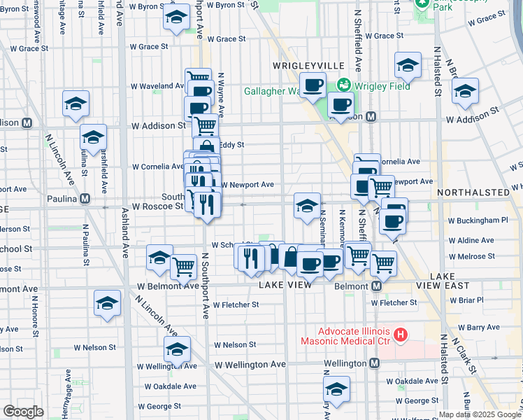 map of restaurants, bars, coffee shops, grocery stores, and more near 1216 West Roscoe Street in Chicago
