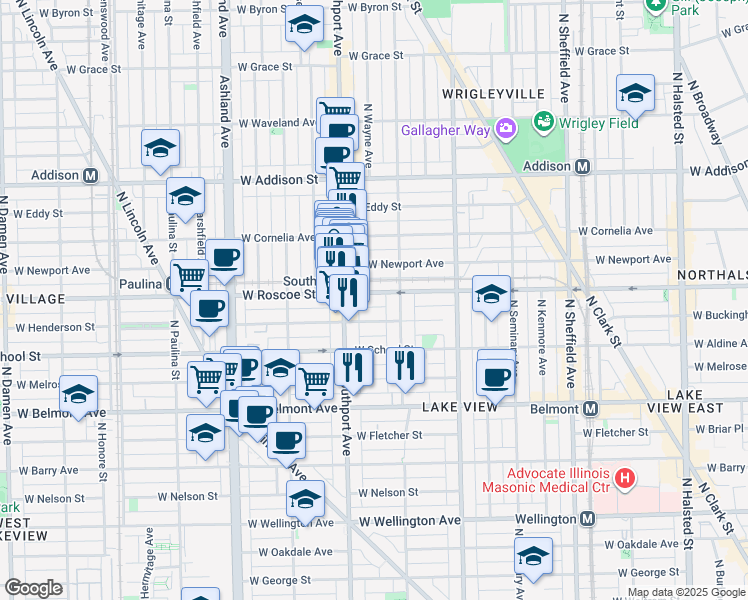 map of restaurants, bars, coffee shops, grocery stores, and more near 1341 West Roscoe Street in Chicago