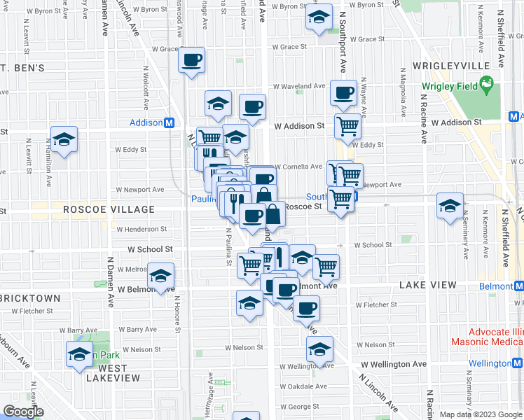 map of restaurants, bars, coffee shops, grocery stores, and more near 3348 North Ashland Avenue in Chicago