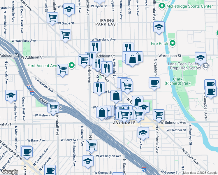 map of restaurants, bars, coffee shops, grocery stores, and more near 3407 North Albany Avenue in Chicago