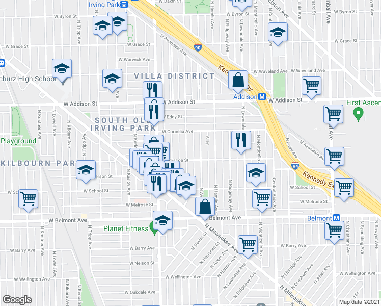 map of restaurants, bars, coffee shops, grocery stores, and more near 3403 North Springfield Avenue in Chicago