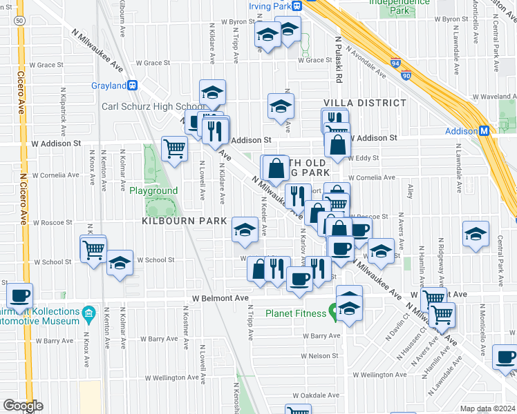 map of restaurants, bars, coffee shops, grocery stores, and more near 3409 North Keeler Avenue in Chicago