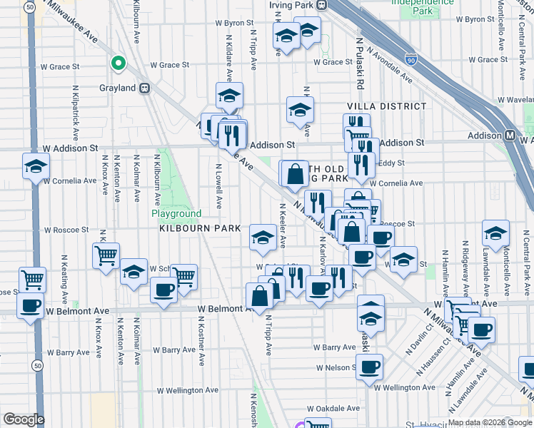 map of restaurants, bars, coffee shops, grocery stores, and more near 3406 North Tripp Avenue in Chicago