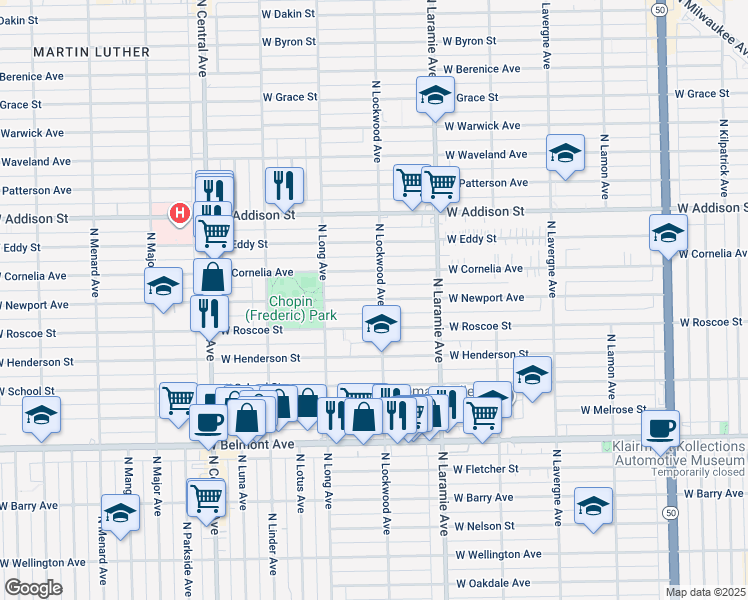 map of restaurants, bars, coffee shops, grocery stores, and more near 5255 West Newport Avenue in Chicago