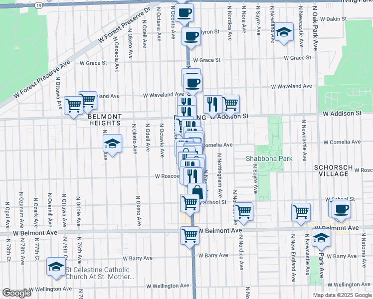 map of restaurants, bars, coffee shops, grocery stores, and more near 3446 Illinois 43 in Chicago