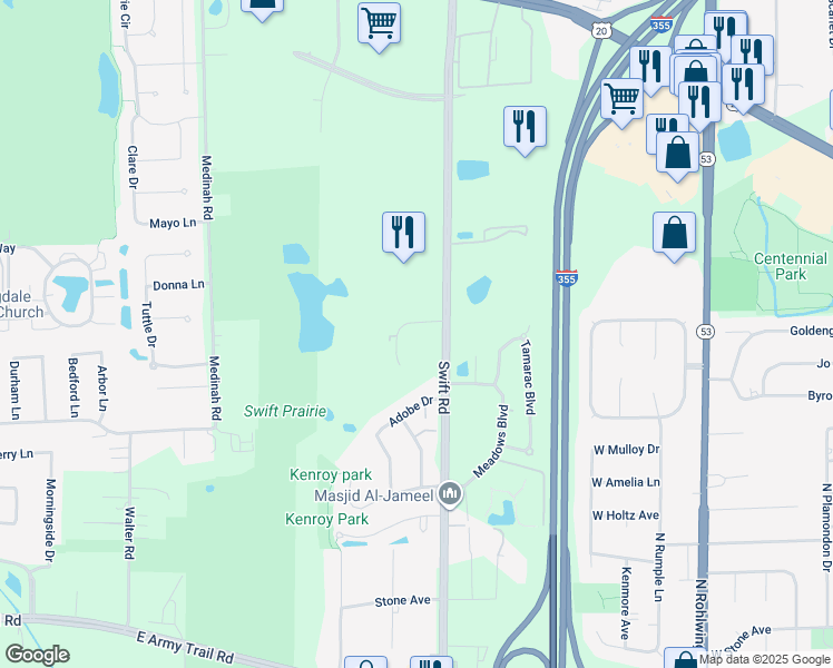 map of restaurants, bars, coffee shops, grocery stores, and more near 843 North Swift Road in Addison