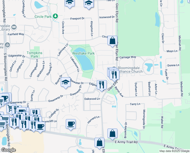 map of restaurants, bars, coffee shops, grocery stores, and more near 318 Edgewater Drive in Bloomingdale
