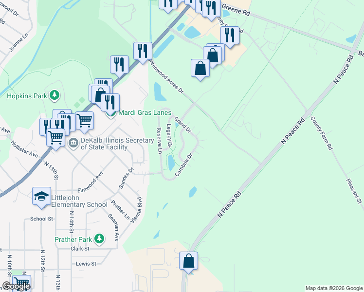 map of restaurants, bars, coffee shops, grocery stores, and more near 1492 Waterside Drive in DeKalb