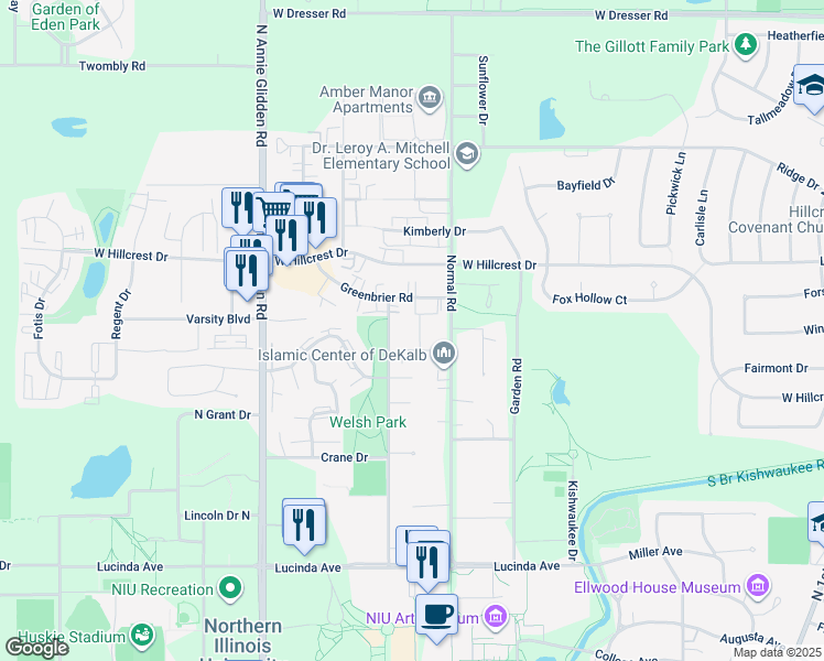 map of restaurants, bars, coffee shops, grocery stores, and more near 809 Charles Street in DeKalb