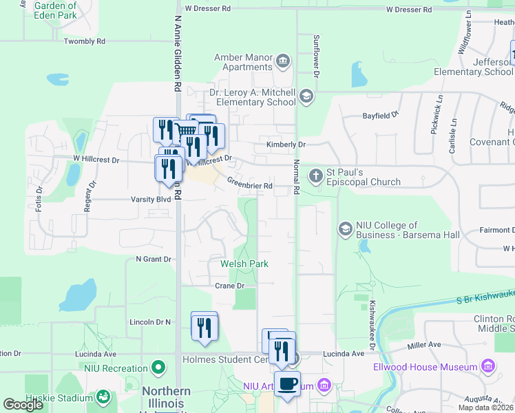 map of restaurants, bars, coffee shops, grocery stores, and more near 824 Russell Road in DeKalb
