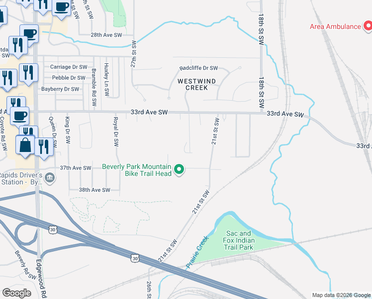 map of restaurants, bars, coffee shops, grocery stores, and more near 3628 21st Street Southwest in Cedar Rapids