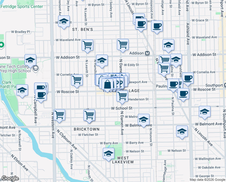 map of restaurants, bars, coffee shops, grocery stores, and more near W Roscoe St & N Seeley Ave in Chicago