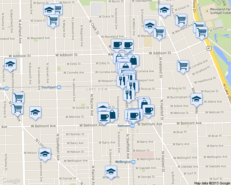 map of restaurants, bars, coffee shops, grocery stores, and more near 3340 North Kenmore Avenue in Chicago