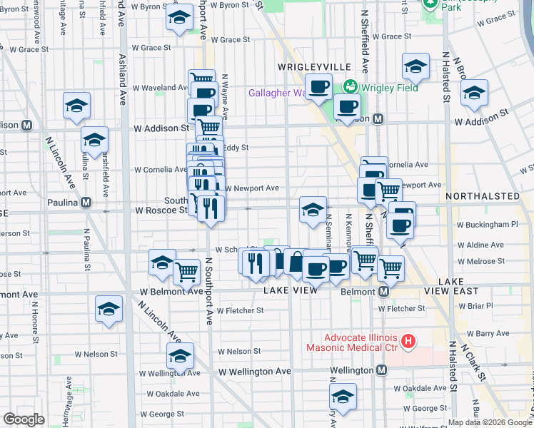 map of restaurants, bars, coffee shops, grocery stores, and more near 1216 West Roscoe Street in Chicago