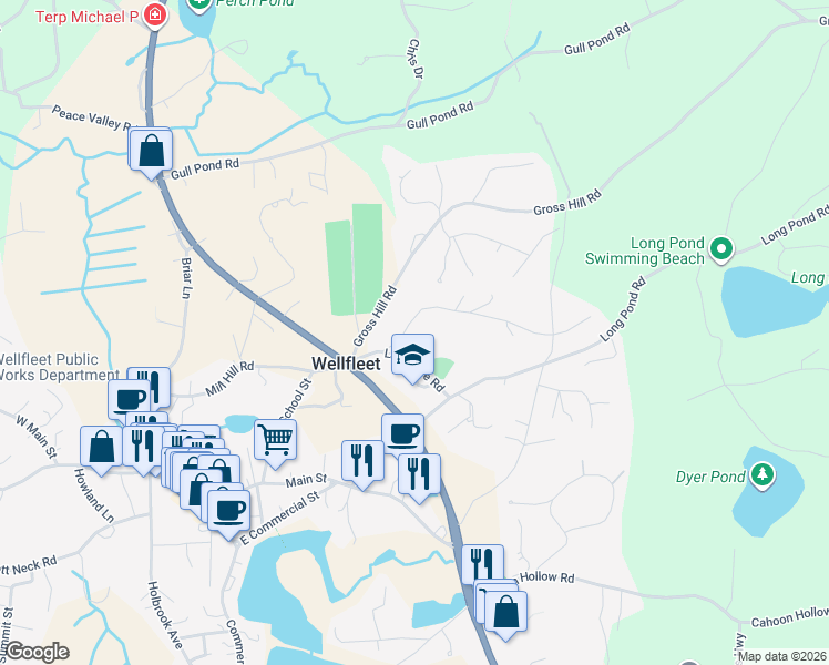 map of restaurants, bars, coffee shops, grocery stores, and more near 40 Old Long Pond Road in Wellfleet