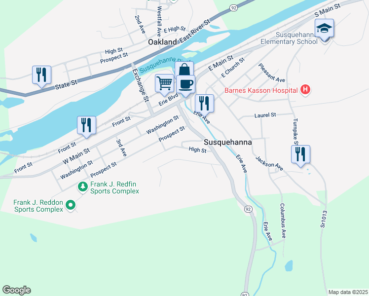 map of restaurants, bars, coffee shops, grocery stores, and more near 301 High Street in Susquehanna
