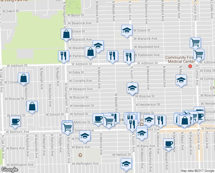 map of restaurants, bars, coffee shops, grocery stores, and more near 6130 West Newport Avenue in Chicago