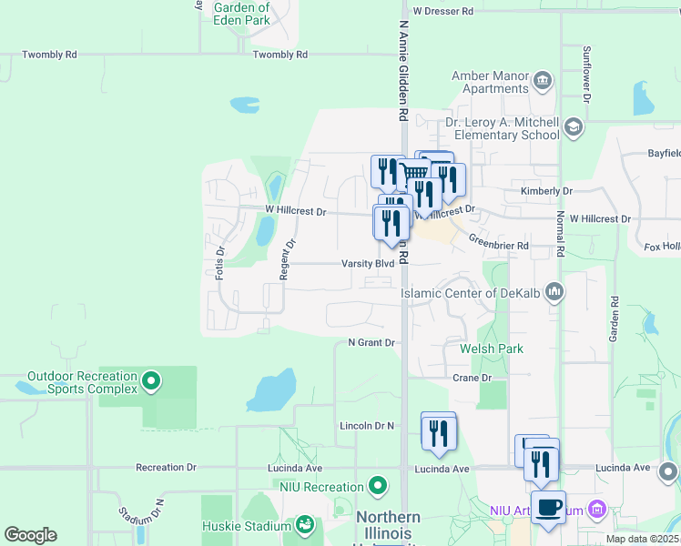 map of restaurants, bars, coffee shops, grocery stores, and more near 1212 Varsity Boulevard in DeKalb
