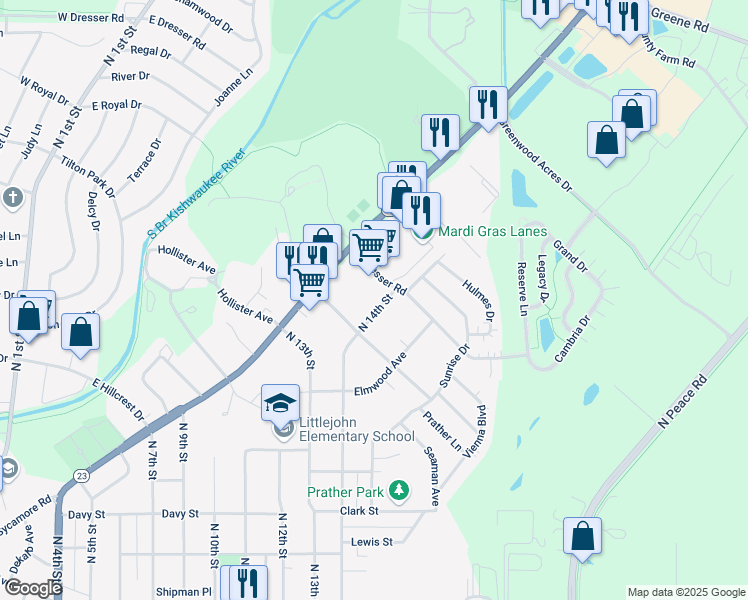 map of restaurants, bars, coffee shops, grocery stores, and more near 1425 North 14th Street in DeKalb