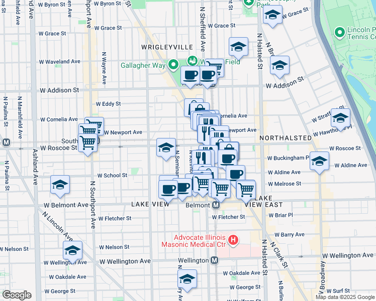 map of restaurants, bars, coffee shops, grocery stores, and more near 3350 North Kenmore Avenue in Chicago