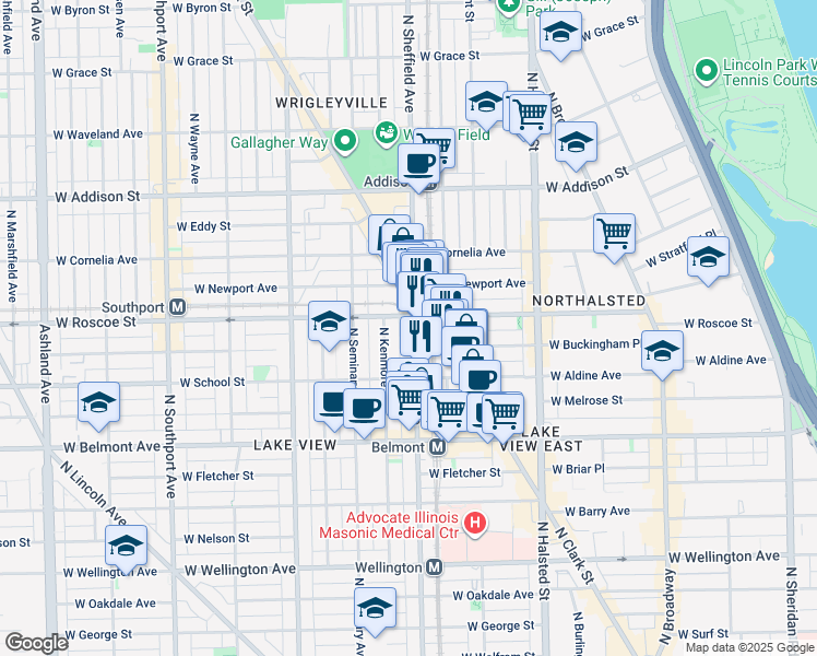 map of restaurants, bars, coffee shops, grocery stores, and more near 3341 North Sheffield Avenue in Chicago