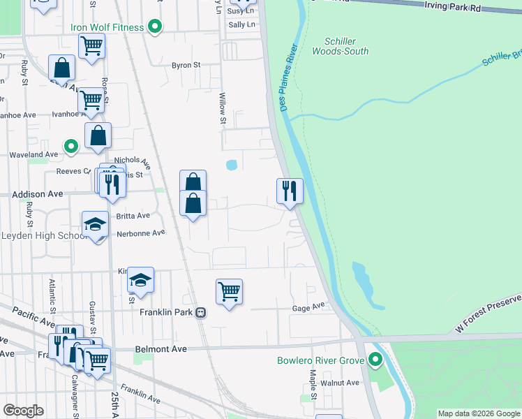 map of restaurants, bars, coffee shops, grocery stores, and more near 9207 Robinson Road in Franklin Park