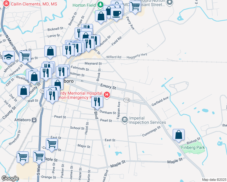map of restaurants, bars, coffee shops, grocery stores, and more near 9 Sturdy Street in Attleboro