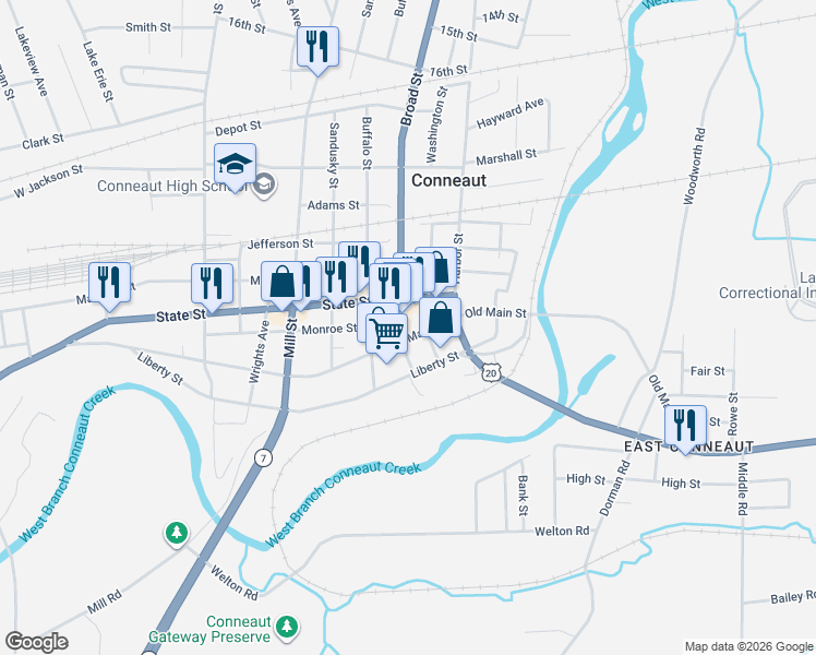 map of restaurants, bars, coffee shops, grocery stores, and more near 256 Main Street in Conneaut