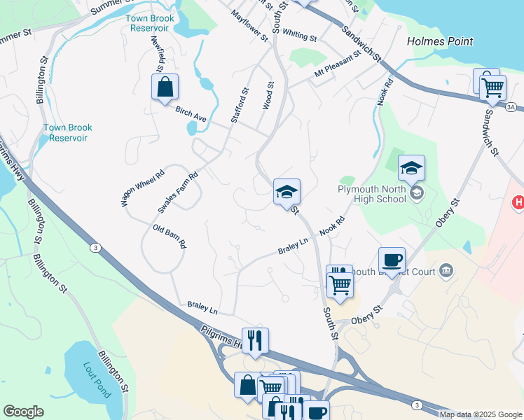 map of restaurants, bars, coffee shops, grocery stores, and more near 76 Settler Road in Plymouth