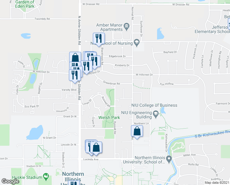 map of restaurants, bars, coffee shops, grocery stores, and more near 824 Russell Road in DeKalb