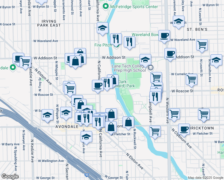 map of restaurants, bars, coffee shops, grocery stores, and more near 2718 West Roscoe Street in Chicago