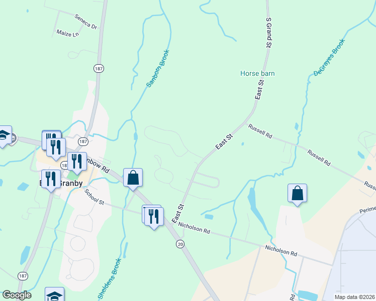 map of restaurants, bars, coffee shops, grocery stores, and more near 73 Bramble Bush Circle in East Granby