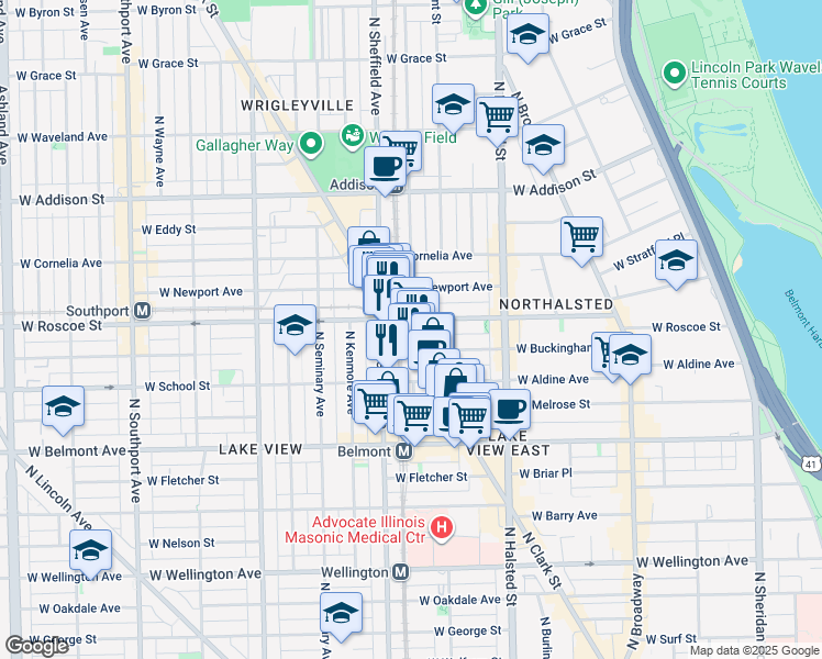 map of restaurants, bars, coffee shops, grocery stores, and more near 3341 North Clark Street in Chicago